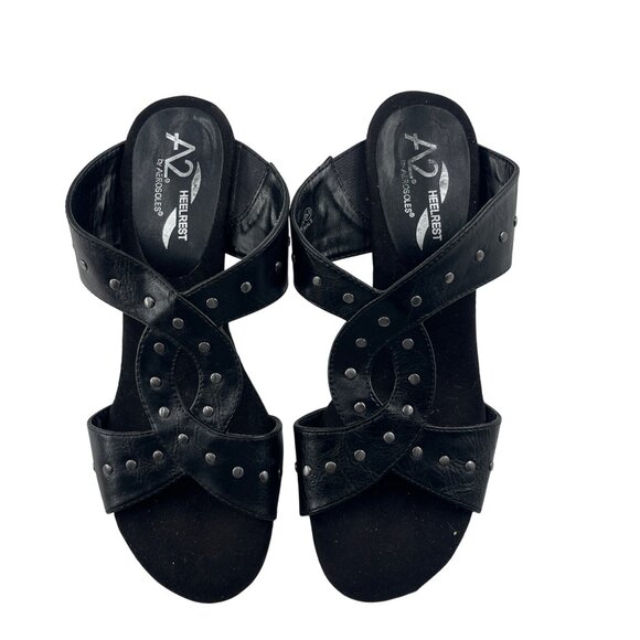 A2 By Aerosoles Black Leather Studded Heeled Sandals 7.5 Heel Rest Technology - Picture 1 of 6